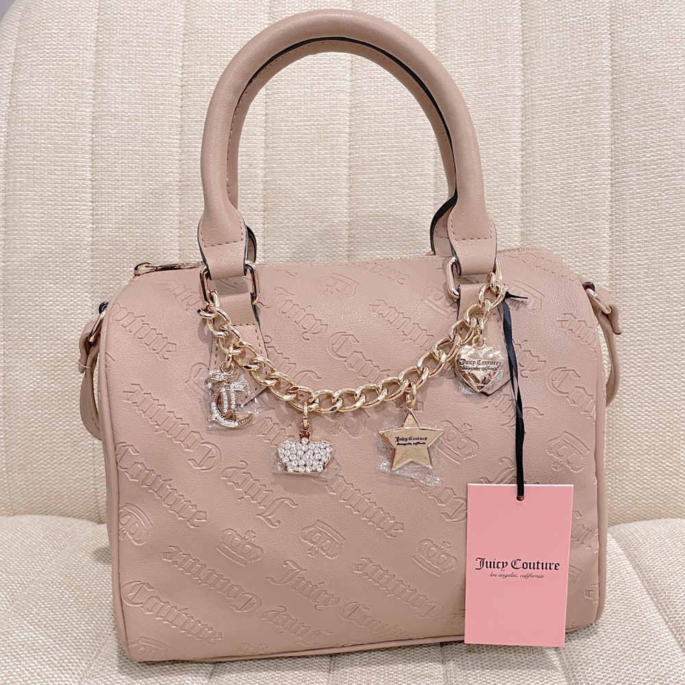 NEW Juicy Couture Blush Pink Embossed Logo Satchel Bag with Rhinestone Charms